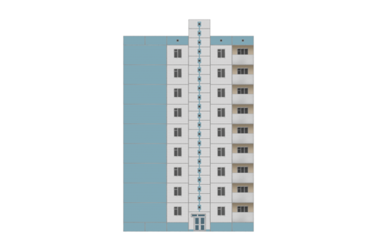 Narrow prefabricated nine-storey apartment building with blue side wall and vertical stairwell window strip.