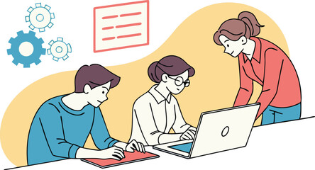 Team collaboration illustration depicting coworkers engaged in problem solving tasks together using laptops and notebooks in a modern office setting
