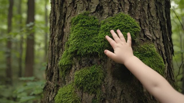 child kid hand touch old aged tree nature sustainable conservation connect life close up video motion