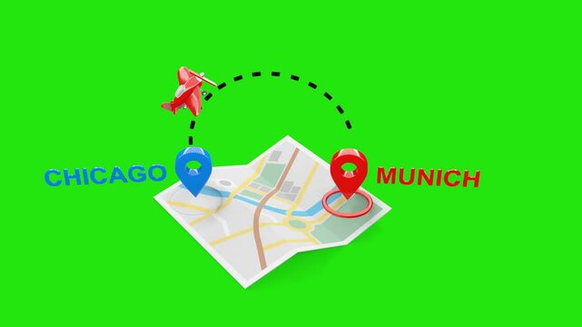 Chicago to Munich 3D Flight Animation with Airplane, Map, and Green Screen