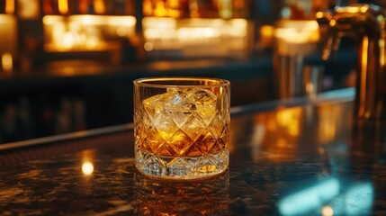 Glass of whiskey with ice on bar counter at night