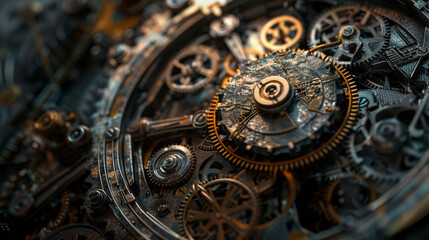 Fototapeta premium ﻿ Close-up of interlocking gears with metallic sheen, precision mechanics in motion, symbolizing industrial efficiency and intricate engineering.