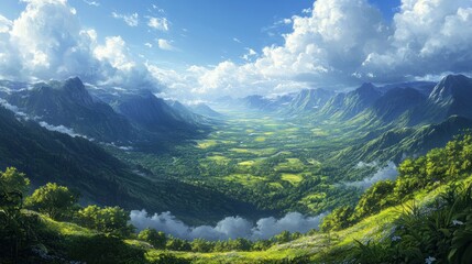A breathtaking mountain view with a vast valley and lush forests below