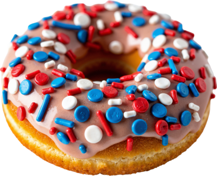 Delicious Glazed Donut with Patriotic Sprinkles Isolated on Transparent Background for 4th of July Marketing and Promotions