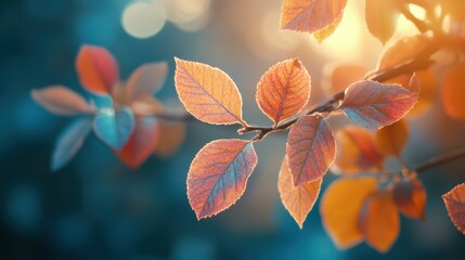 A close-up of colorful autumn leaves with soft sunlight filtering through the branches