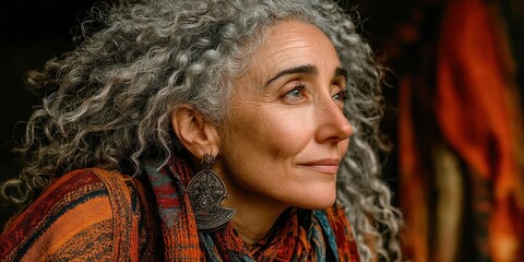 Charming Woman with Curly Silver Hair in a Colorful Setting