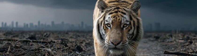 Fototapeta premium Endangered species lost in chaotic wildlife development concept. A majestic tiger prowls through a desolate urban landscape.