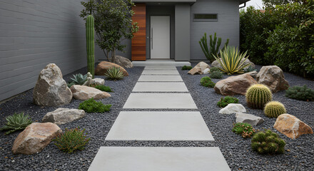 Obraz premium Modern Minimalist House With A Tranquil Garden Path With Gravel And Plants