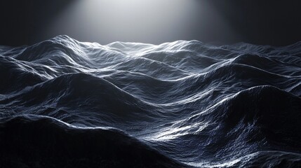 Surreal dreamlike mountain range with wavy plains and spotlight effect creating an ethereal atmosphere of natural beauty and mystique