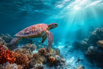 Obraz premium Sea turtles swim calmly over a colorful coral reef, as light filters through the water.