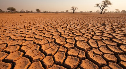 Fototapeta premium Dry Cracked Earth Landscape with Distant Trees at Sunset