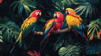 A vibrant tropical jungle with dense foliage and colorful birds perched on branches