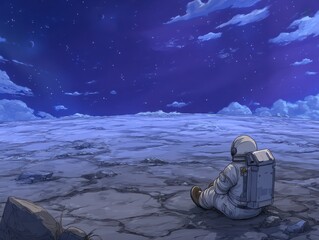 Solitary astronaut sits contemplating vast night sky.