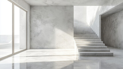 Obraz premium Minimalist interior with exposed concrete and natural light showcases elegant staircase design in modern living space