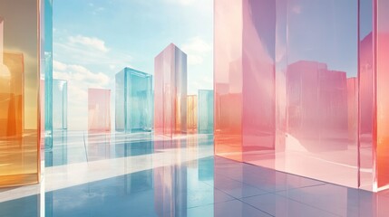 Colorful glass structures in an abstract architectural space.