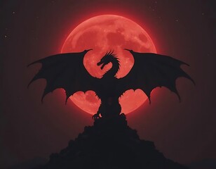 Silhouette of dragon atop a peak against a blood moon, radiating power and mystique, epic fantasy