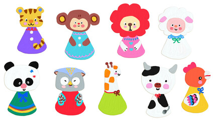 playful  animals cartoon set  for kid . hat party for children .   giraffe, cow , lion , monkey , owl , sheep , chicken , tiger ,panda . happy time for kid