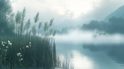Fototapeta premium A misty marshland with tall reeds swaying in the breeze and a gentle fog rolling across the water