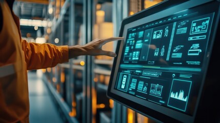 Advanced Warehouse Management System: A Worker Interacts with a Futuristic Control Panel