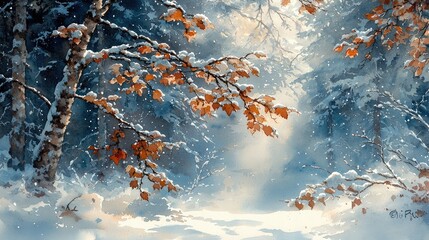 Winter forest bathed in sunlight.  Snow-covered branches with autumn leaves