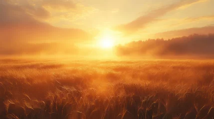 Gordijnen A golden sunrise over a field of wheat, with soft light illuminating the landscape © nanskyblack