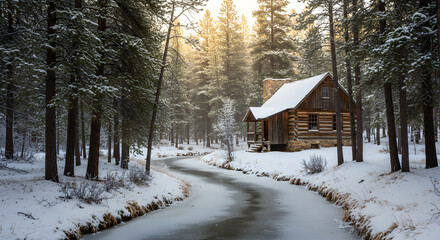 Cabin In Winter Wonderland With Snow Trees And Frozen Stream Outdoors