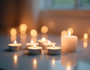 Burning Candle with Warm Bokeh Lights on Reflective Surface &ndash; Peaceful, Spiritual Atmosphere