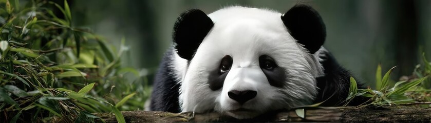 Endangered species lost in chaotic wildlife development concept. A serene panda resting among lush green bamboo foliage.