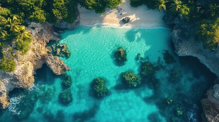 Obraz premium A clear turquoise bay with gentle waves lapping against the shore and palm trees swaying in the breeze