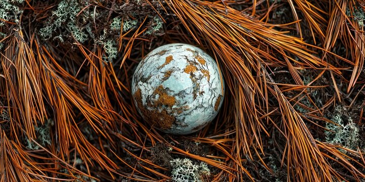 Small globe encircled by pine needles and mossy textures