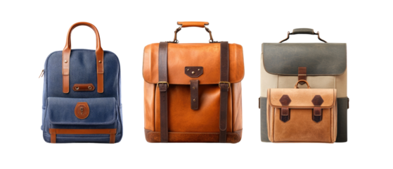 set of leather backpacks or luggagae bags secluded on a white surface