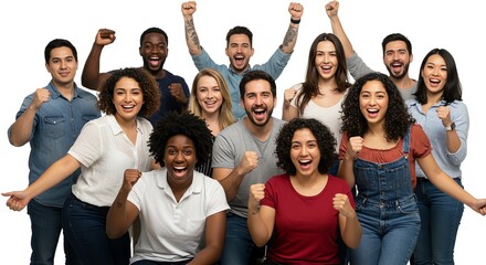 Celebrating Group of Diverse People Cheering with Fists Up