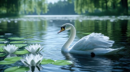 Naklejka premium A tranquil pond with lily pads and a single swan gliding across the water