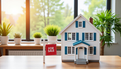 Miniature house model with a white and blue color scheme placed beside a "For Sale" sign in a bright, minimalist office space with subtle green plants and warm natural light