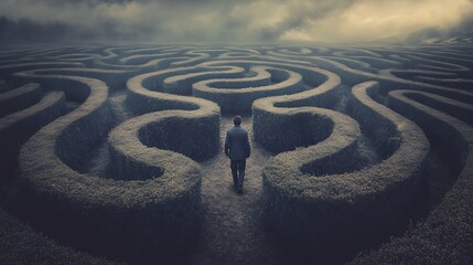 Obraz premium Back View of Man in Suit Walking Through a Huge Maze of Bushes During Cloudy Weather