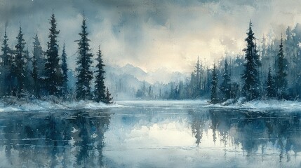 Winter landscape reflecting a serene, frosty sunrise.  A still, frozen lake mirroring the quiet snowy forest beyond