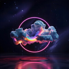 3d render, abstract cloud illuminated with neon light ring on dark night sky. Glowing geometric shape round frame