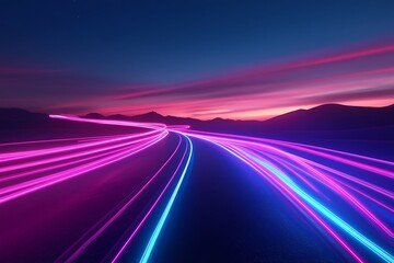 Colorful Glowing Light Streaks Over Landscape at Sunset in a Dramatic Sky