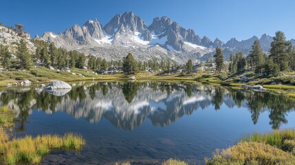 Fototapeta premium A quiet mountain lake with towering peaks reflected in the still water