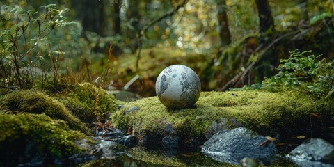 Tranquil woodland with globe on moss, suggesting environmental serenity 
