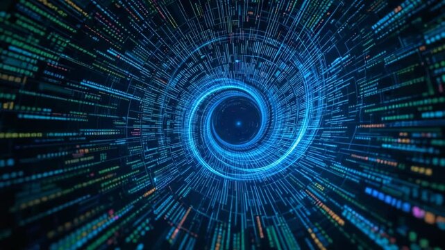 Abstract Digital Data Vortex with Glowing Blue Lines and Binary Code Flowing Around