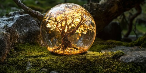 tree of life glowing inside transparent ball on moss Stock photo --ar 2:1 --quality 2 --raw --v 6.1 Job ID: a6bc6e59-eb4c-4259-913c-789716ef3920