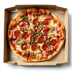 Pepperoni pizza in a box on white background