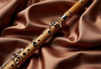 Fototapeta premium Ornate wooden flute resting on luxurious satin fabric 