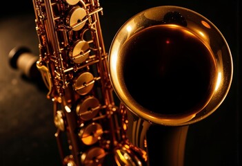 Obraz premium Golden saxophone close-up against dark background 