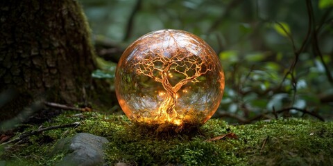 tree of life glowing inside transparent ball on moss Stock photo --ar 2:1 --quality 2 --raw --v 6.1 Job ID: a6bc6e59-eb4c-4259-913c-789716ef3920