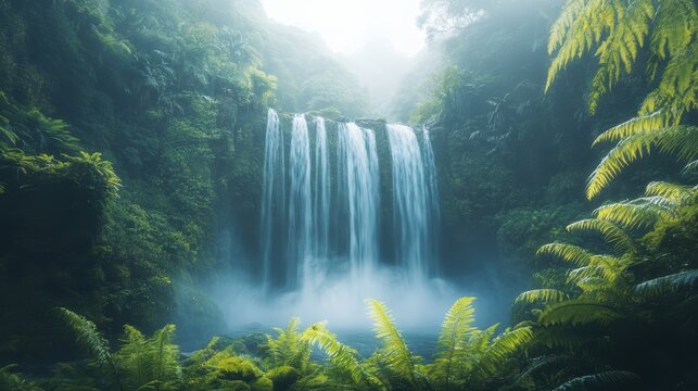 A misty waterfall surrounded by lush greenery, with soft light filtering through the mist