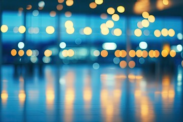 Blurred indoor space at night, with soft lights and reflections  Modern interior, dimly lit, and bokeh effect visible