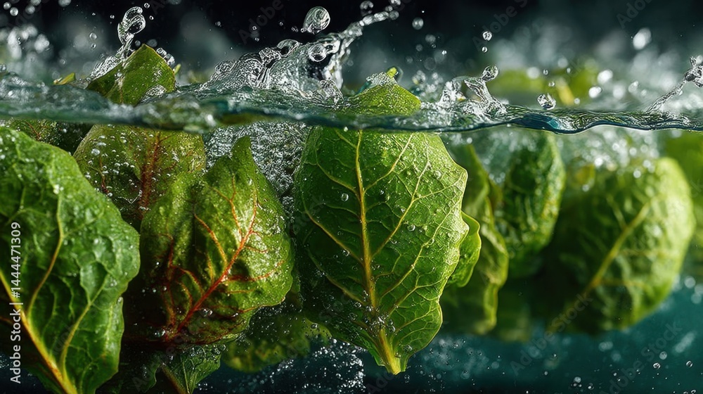 Poster fresh green leaves submerged in water with splashing and refreshing droplets.
