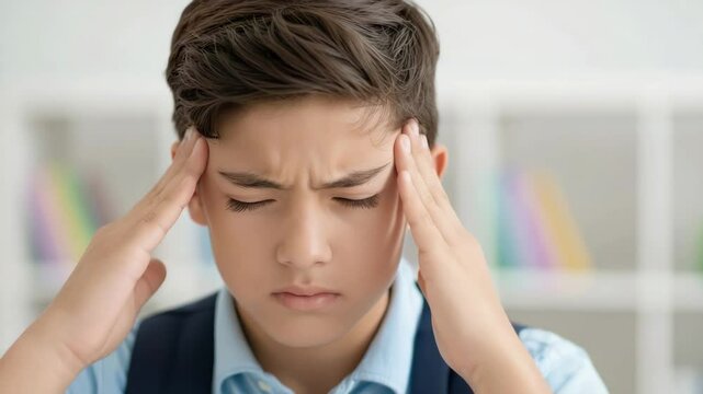 Stressed schoolboy rubbing temples in classroom interior